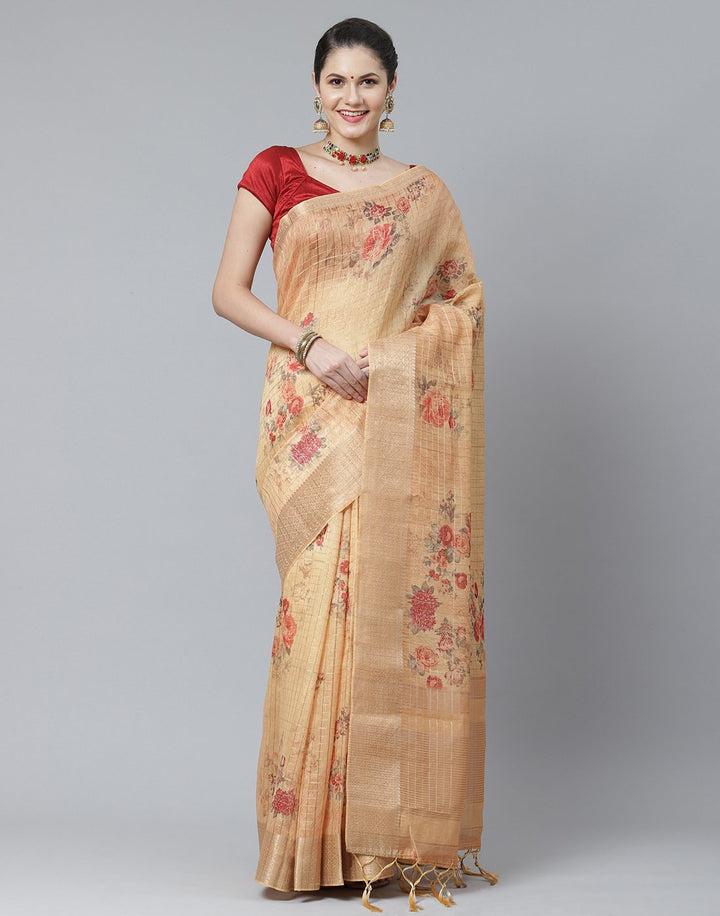 Floral Print Cotton Linen Saree