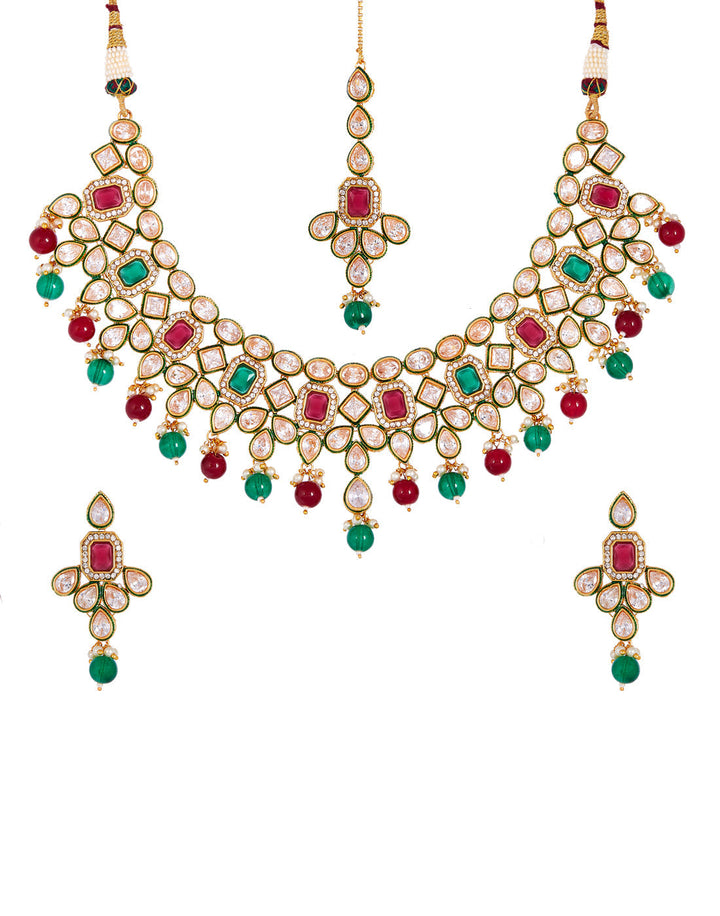 Kundan Work Necklace Set With Earring &amp; Mang Tika