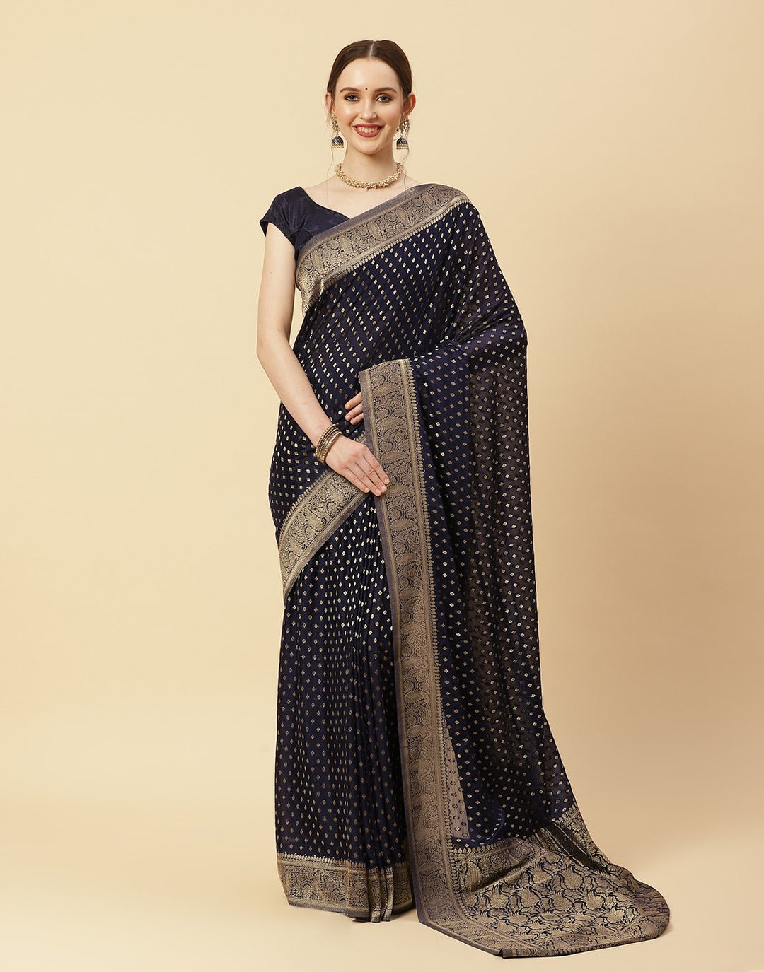 Plain Zari Booti Border Art Georgette Saree