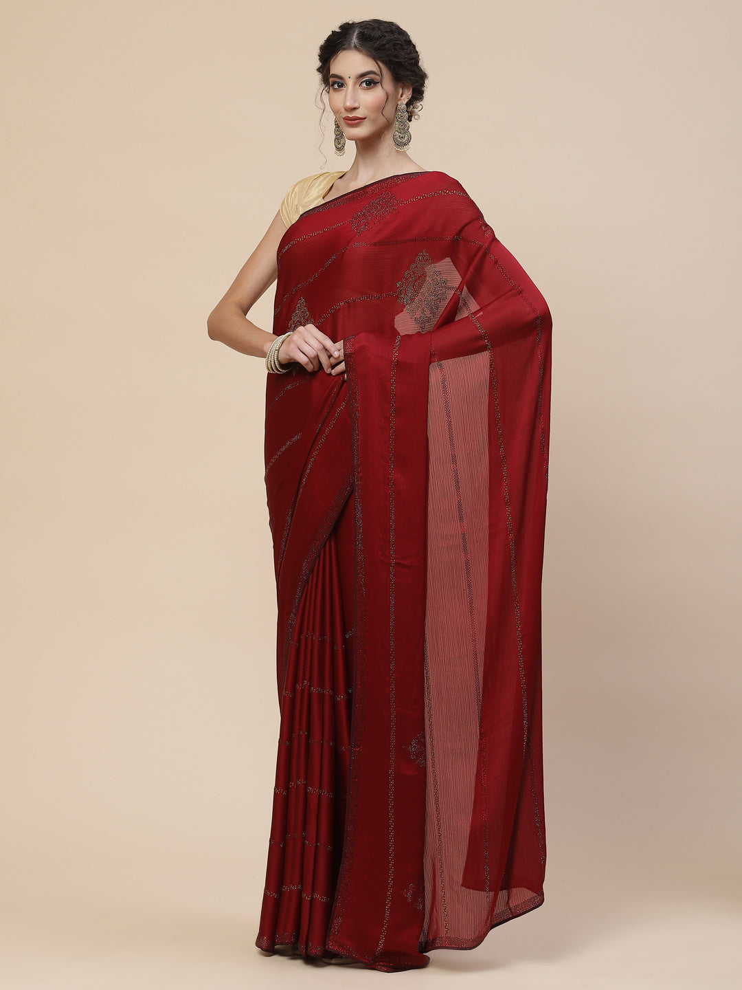 Zari Border Booti Chiffon Plain Saree