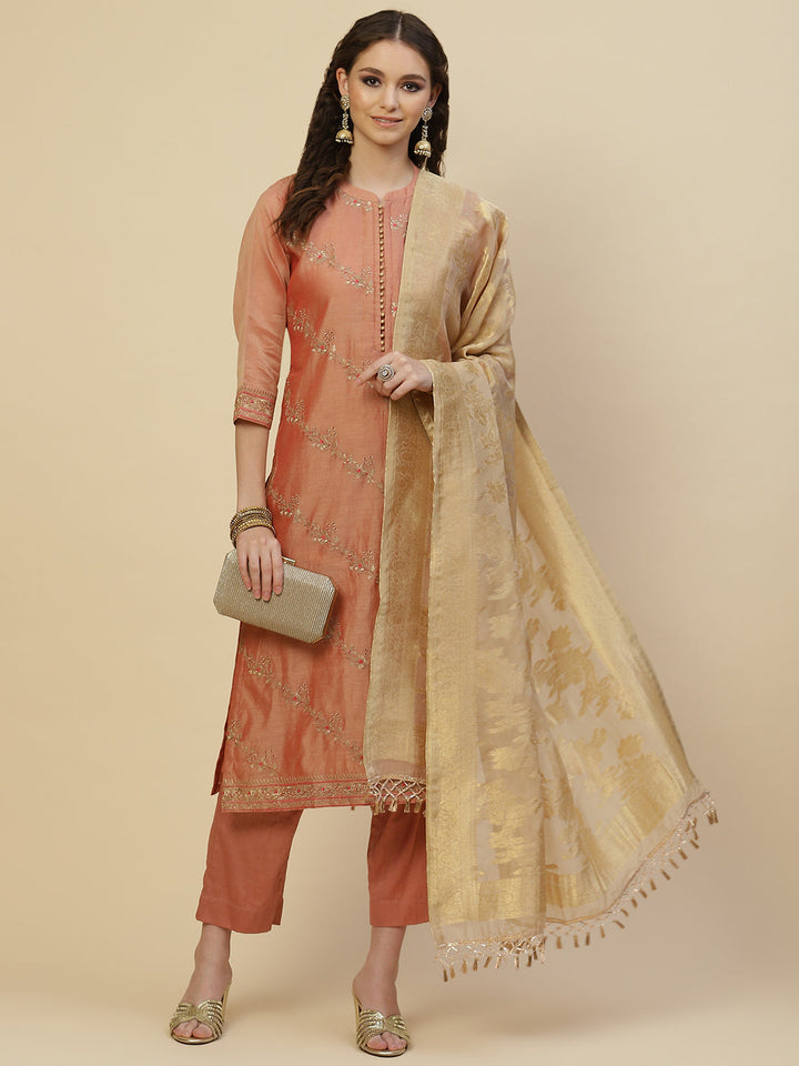 Zari Booti Cotton Kurta With Pants &amp; Dupatta