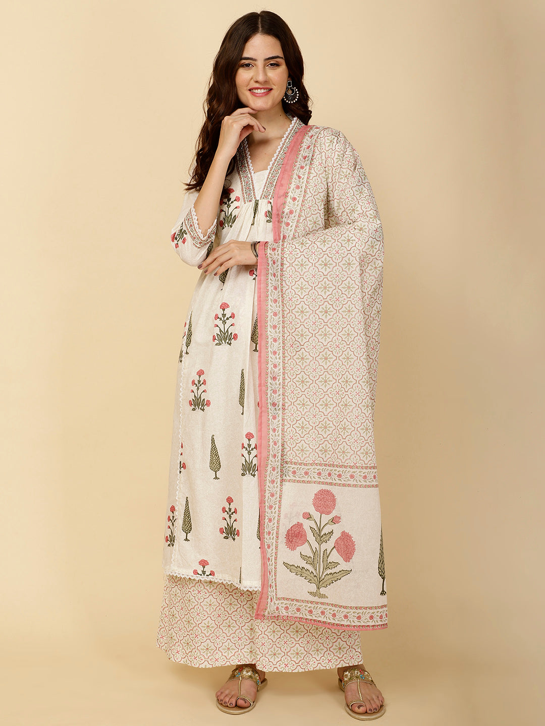 Block Printed Cotton Kurta With Palazzo &amp; Dupatta