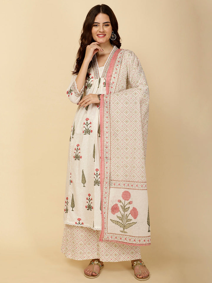 Block Printed Cotton Kurta With Palazzo &amp; Dupatta