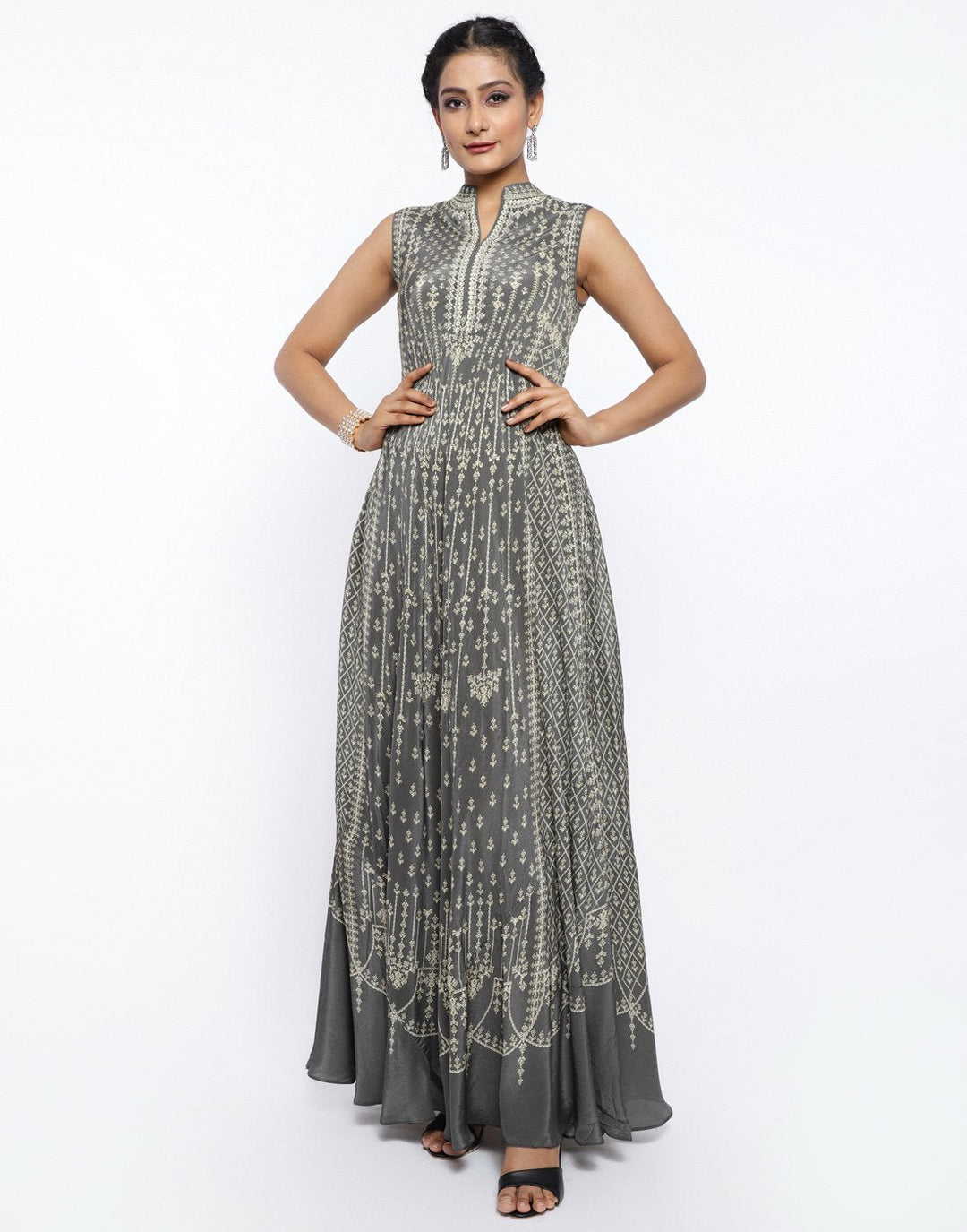 MBZ Meena Bazaar-Coral Pink Crepe Digital Printed Long Dress
