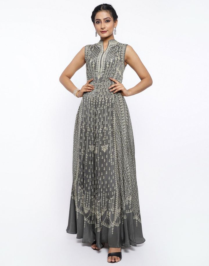 MBZ Meena Bazaar-Coral Pink Crepe Digital Printed Long Dress