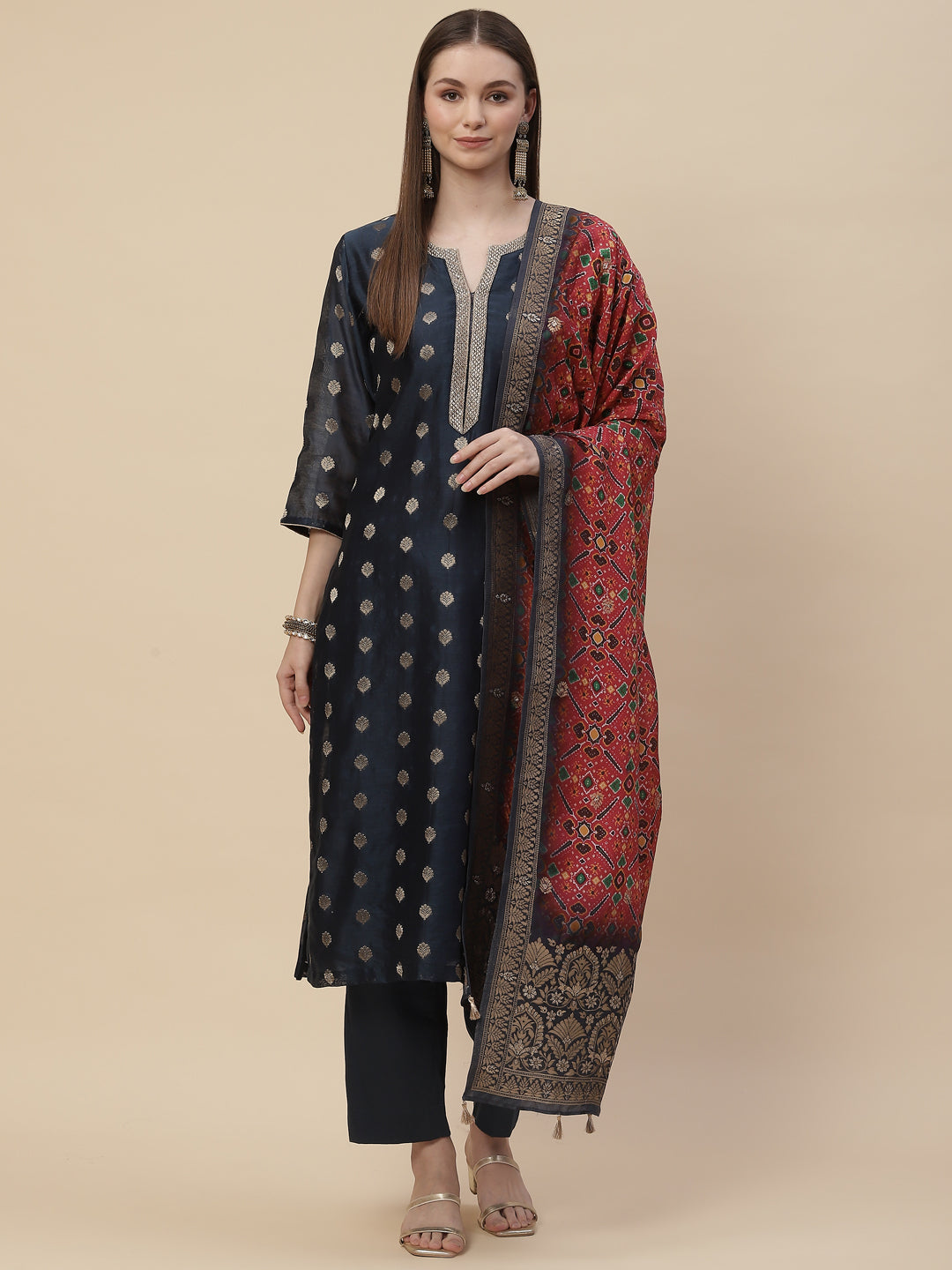 Zari Booti Cotton Kurta With Pants &amp; Dupatta