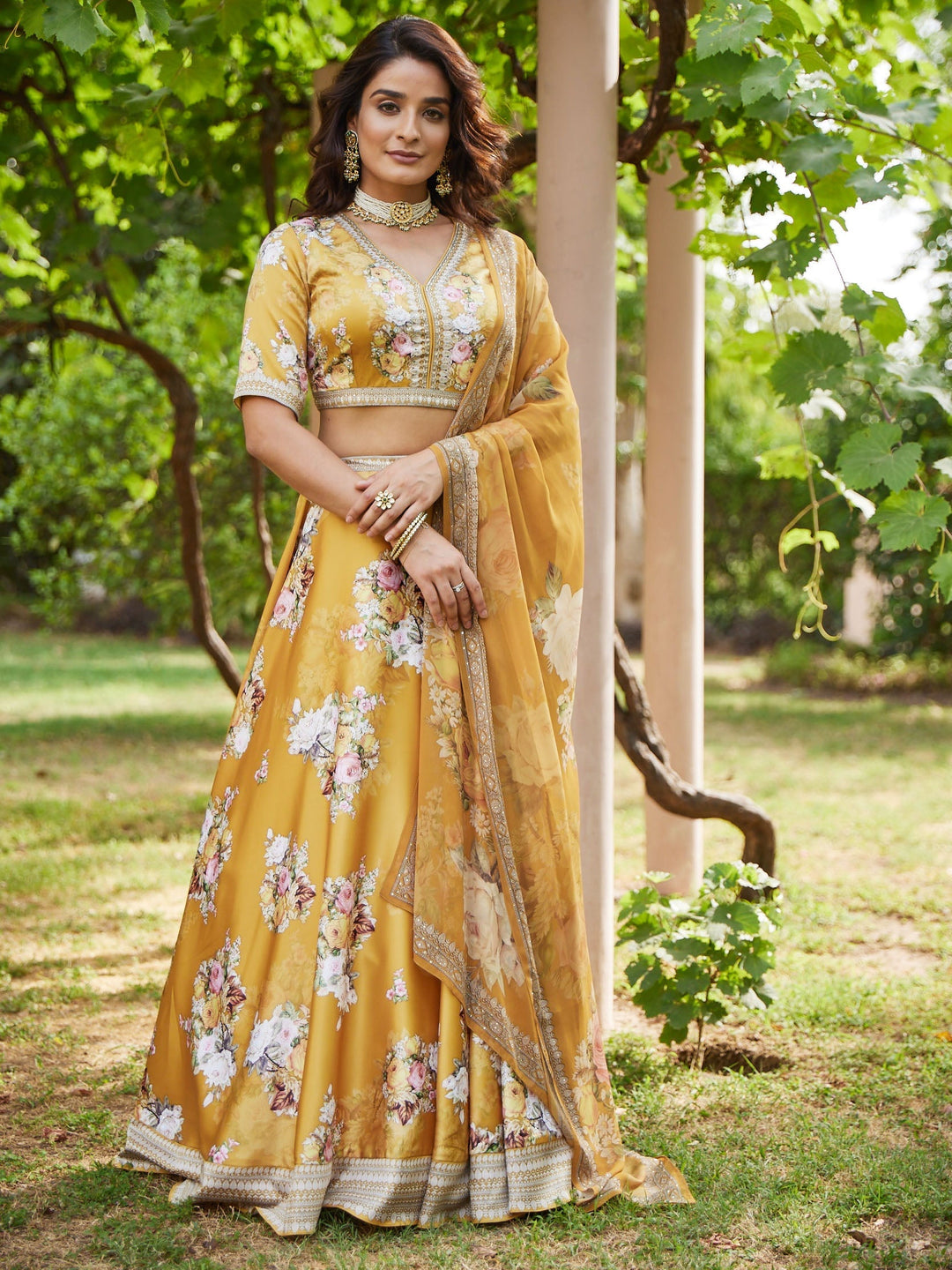 Floral Digital Printed Satin Choli With Lehenga &amp; Crepe Dupatta