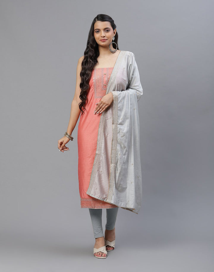 Embroidered Chanderi Suit Piece With Dupatta