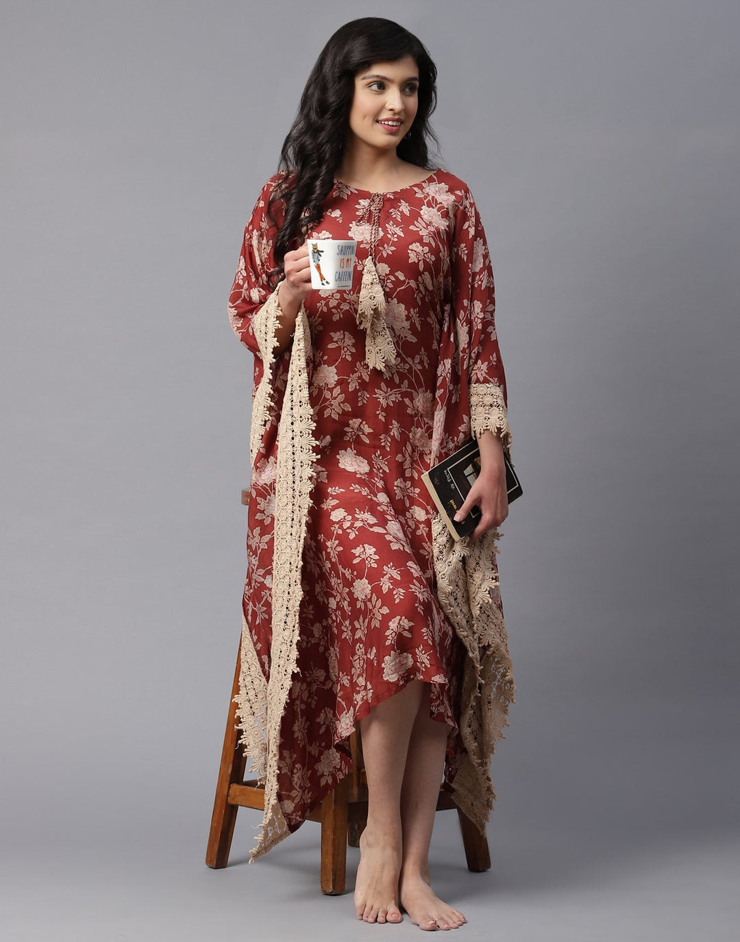 Cotton Printed Kaftan with Lace Detail