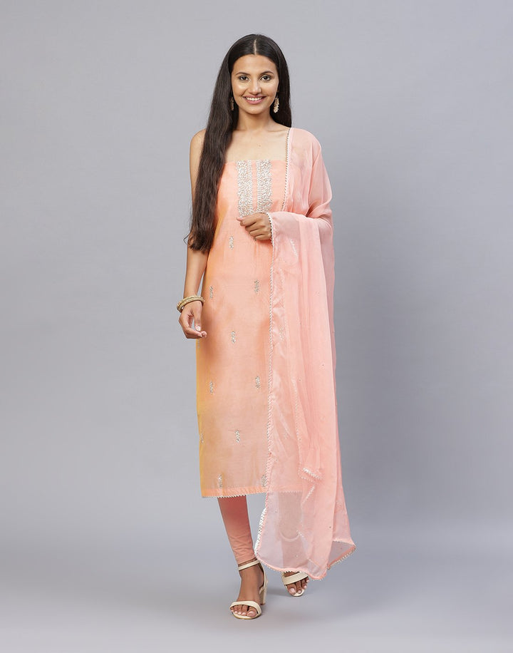 Embroidered Chanderi Suit Piece With Chiffon Dupatta