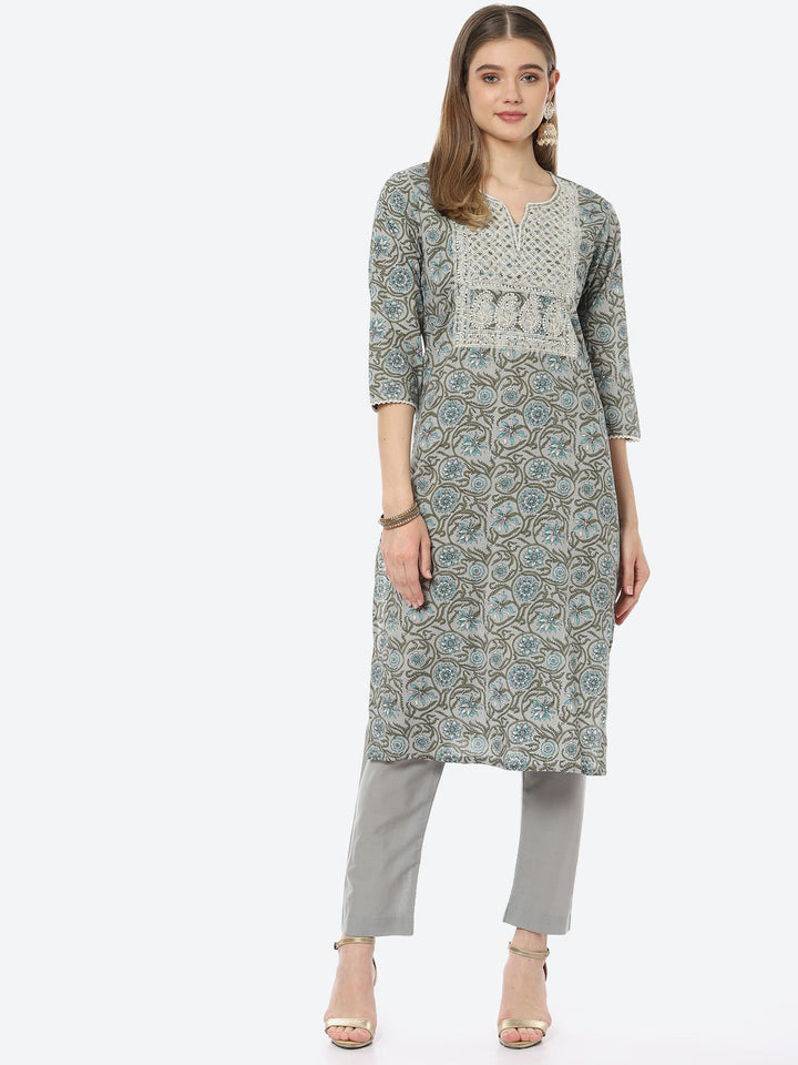 Resham Neck Embroidered Printed Chanderi Kurta With Pant