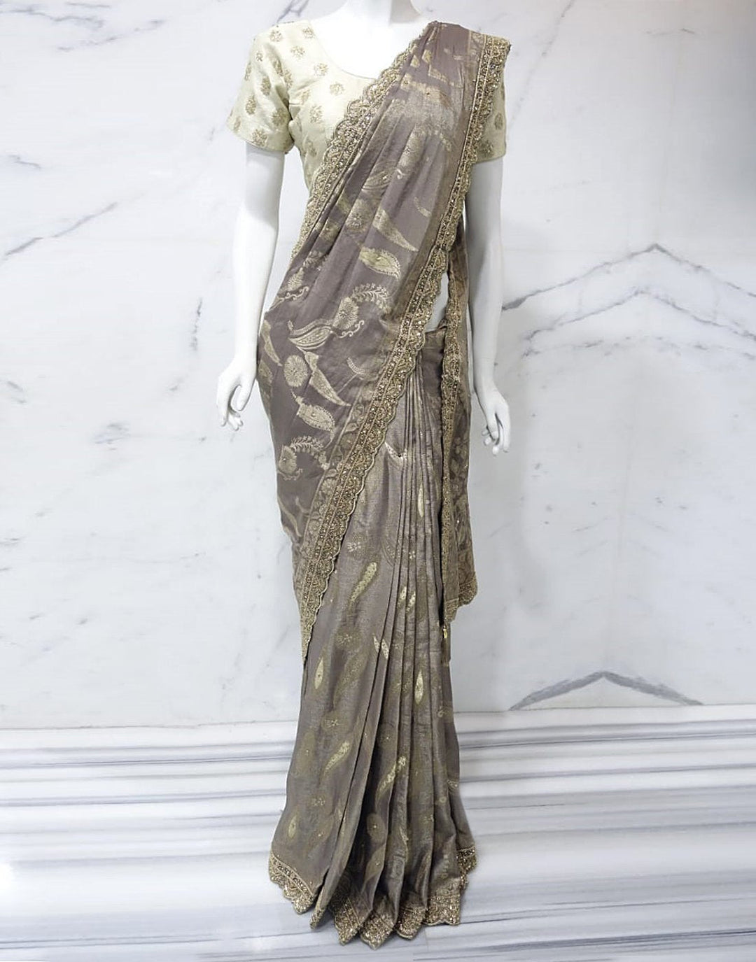 MBZ Meena Bazaar-Beige Banarasi Tissue Saree