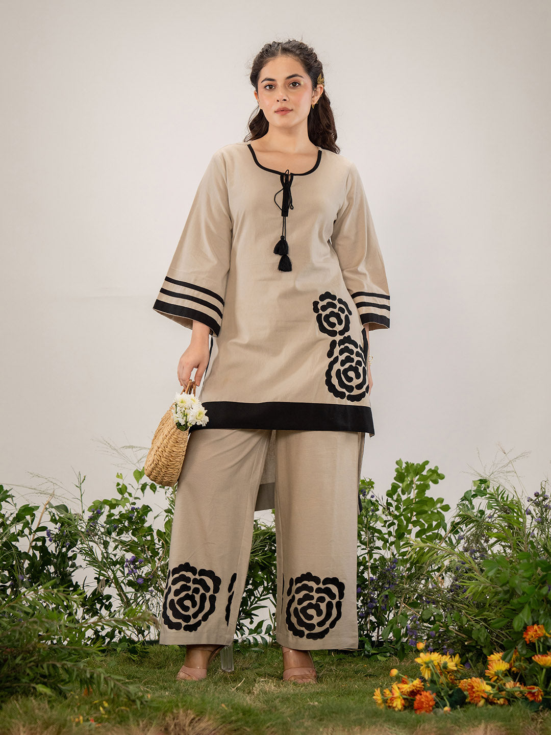 Beige Cotton Blend Printed Straight Kurta With Pant