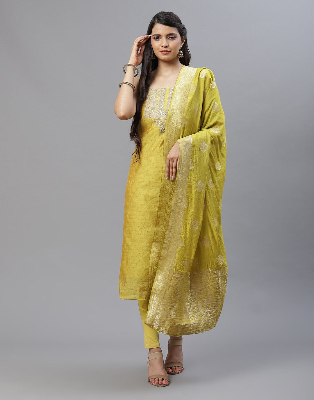Embroidered Chanderi Suit Piece With Chanderi Banarasi Dupatta
