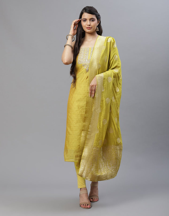 Embroidered Chanderi Suit Piece With Chanderi Banarasi Dupatta