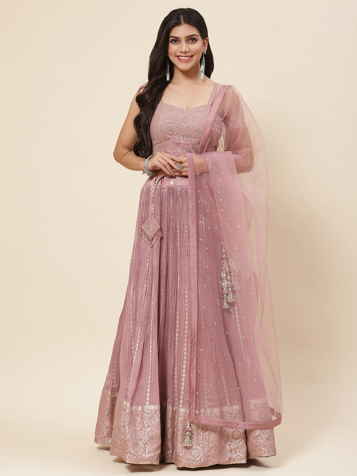Sequin Embroidered Georgette Choli With Lehenga &amp; Dupatta