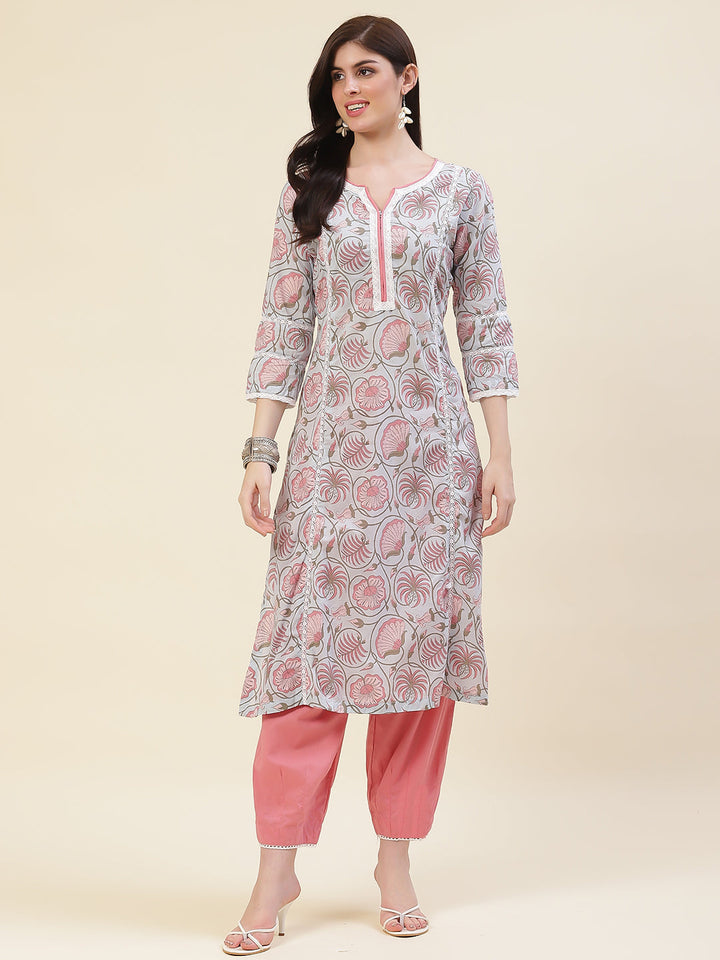 Floral Printed Cotton Kurta With Pants