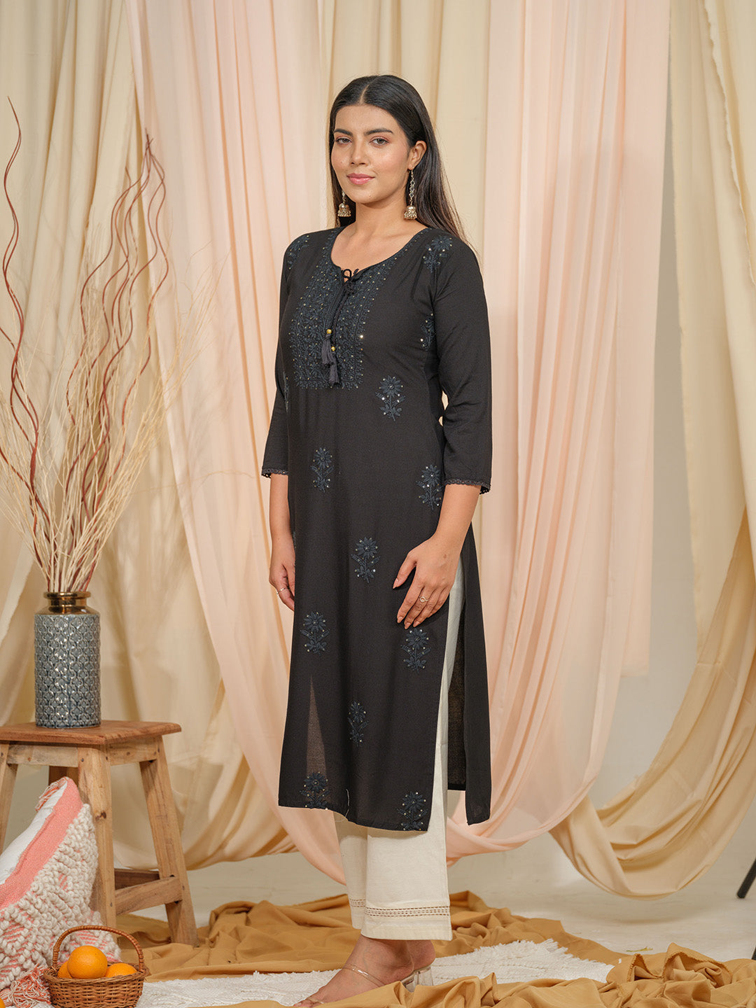 Black Art Silk Embroidered V Neck Kurta