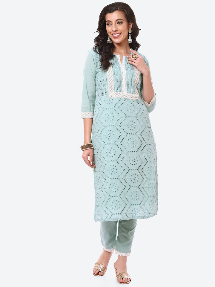 Cut Work Cotton Kurta With Pant
