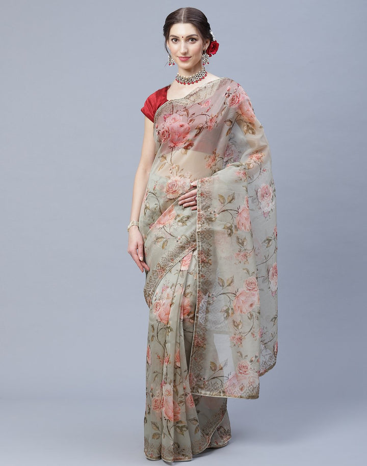 Digital Floral Printed Kora Saree with Stone Work Border