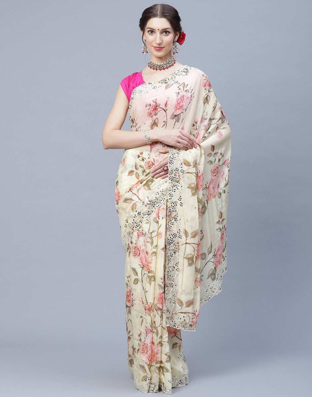 Digital Floral Printed Crepe Saree with Gota Patti Border