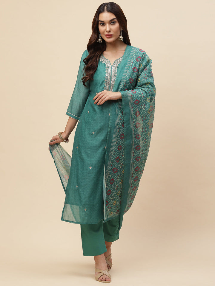 Neck Embroidered Chanderi Kurta With Pants &amp; Dupatta