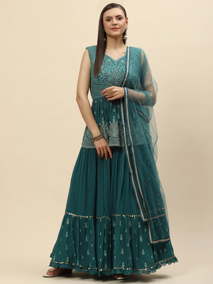 Resham Zari Embroidered Georgette Peplum Choli With Lehenga &amp; Dupatta