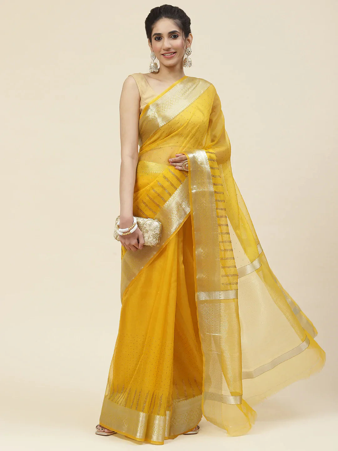 Stone Work Organza Plain Saree