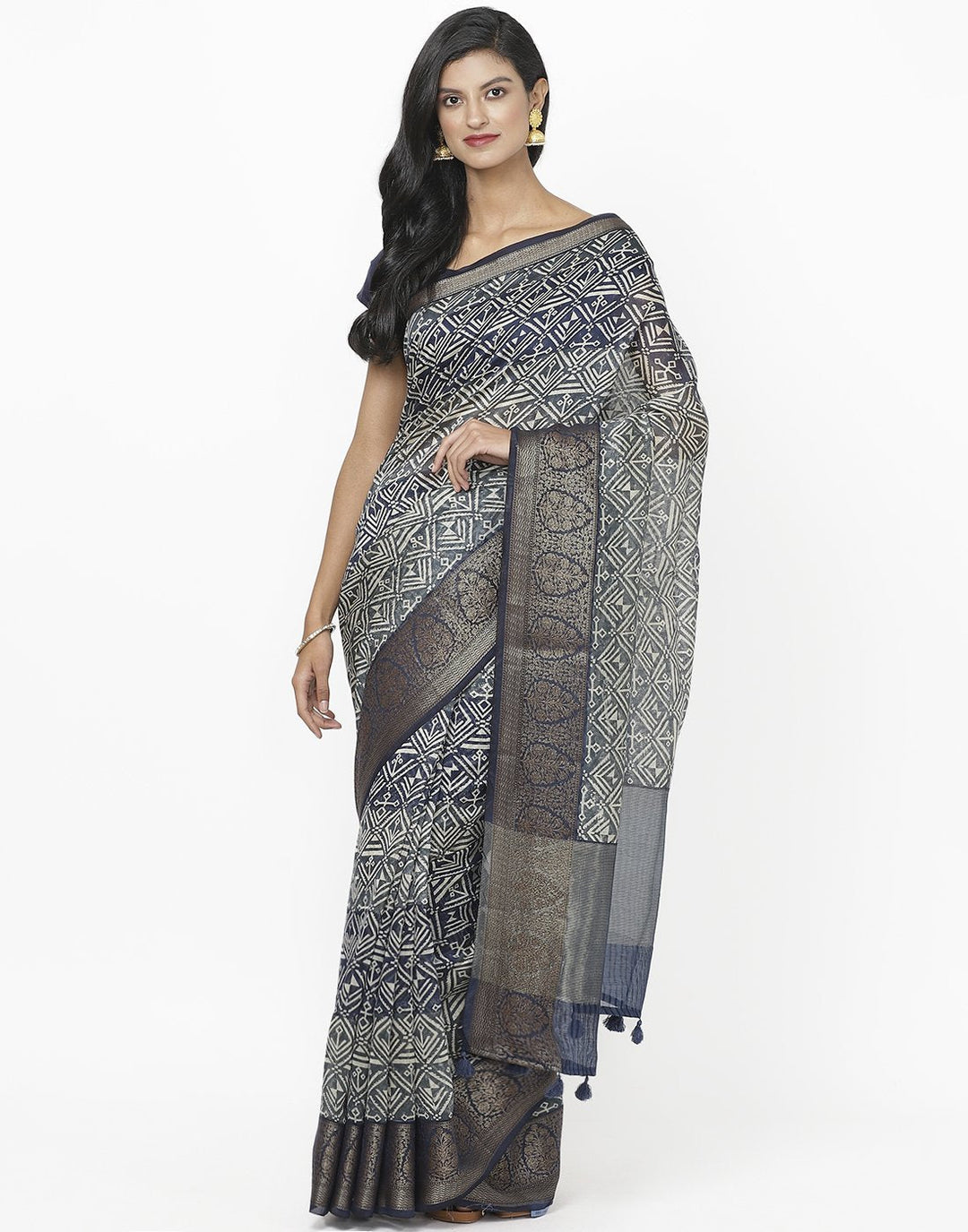 Navy Blue Cotton Chanderi Printed Saree