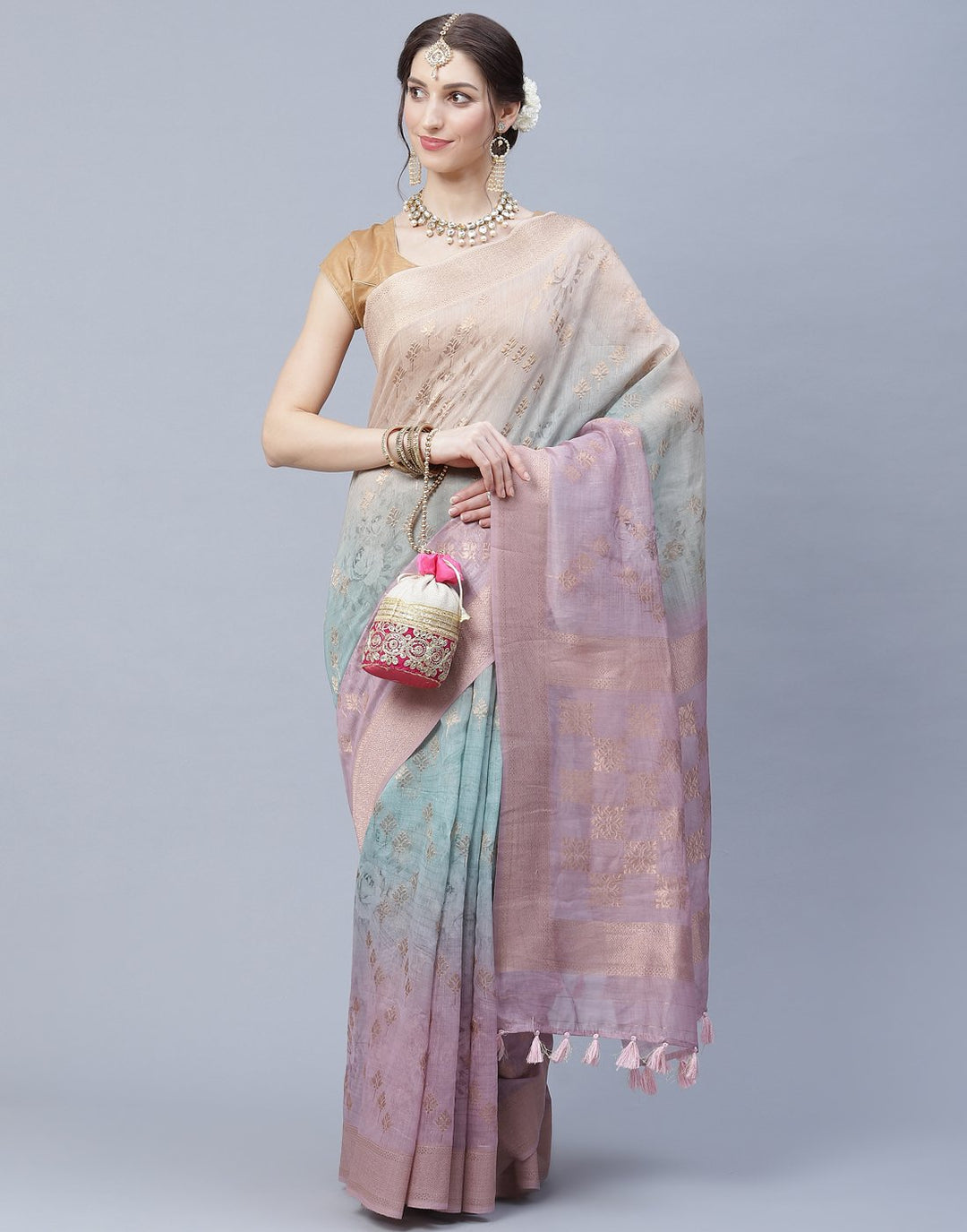Floral Print Cotton Chanderi Saree