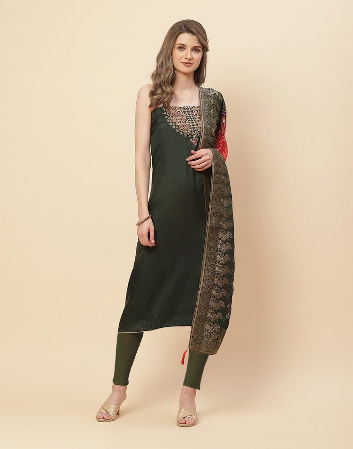 Embroidered Art Handloom Dupion Suit Piece With Bandhini Printed Dupatta