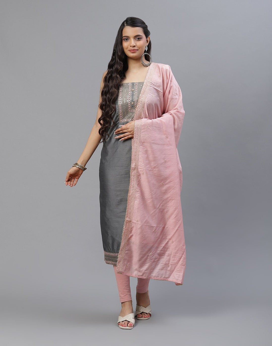 Embroidered Chanderi Suit Piece With Dupatta