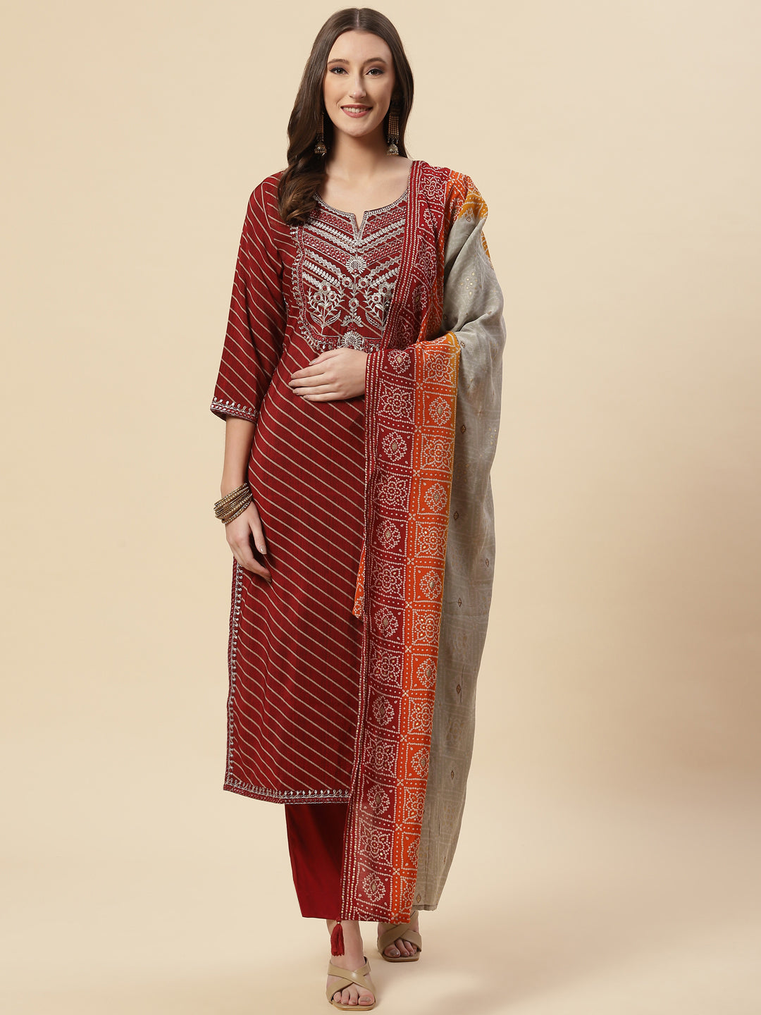 Printed Cotton Kurta With Pants &amp; Dupatta