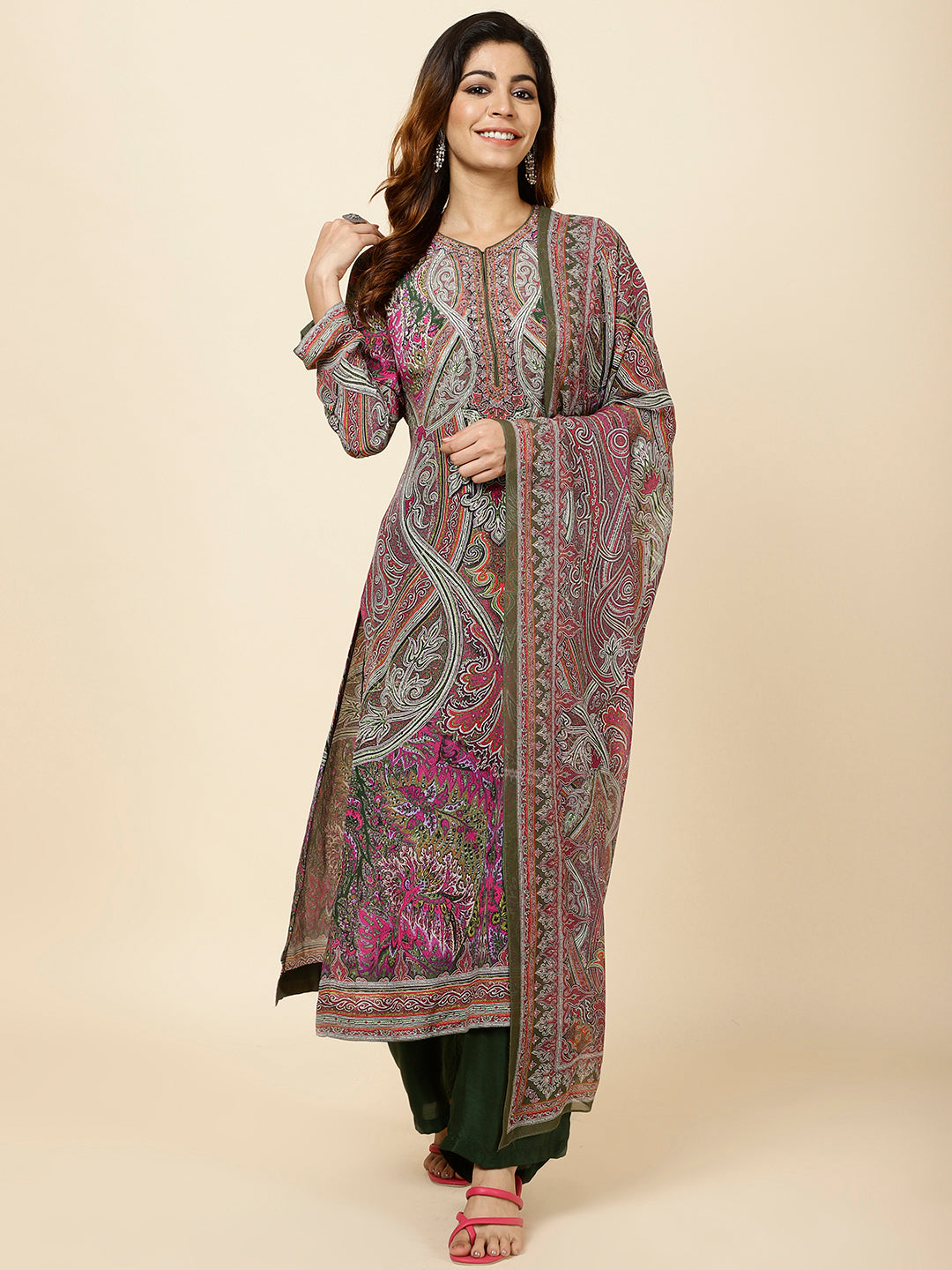 Digital Printed Crepe Kurta With Palazzo &amp; Dupatta