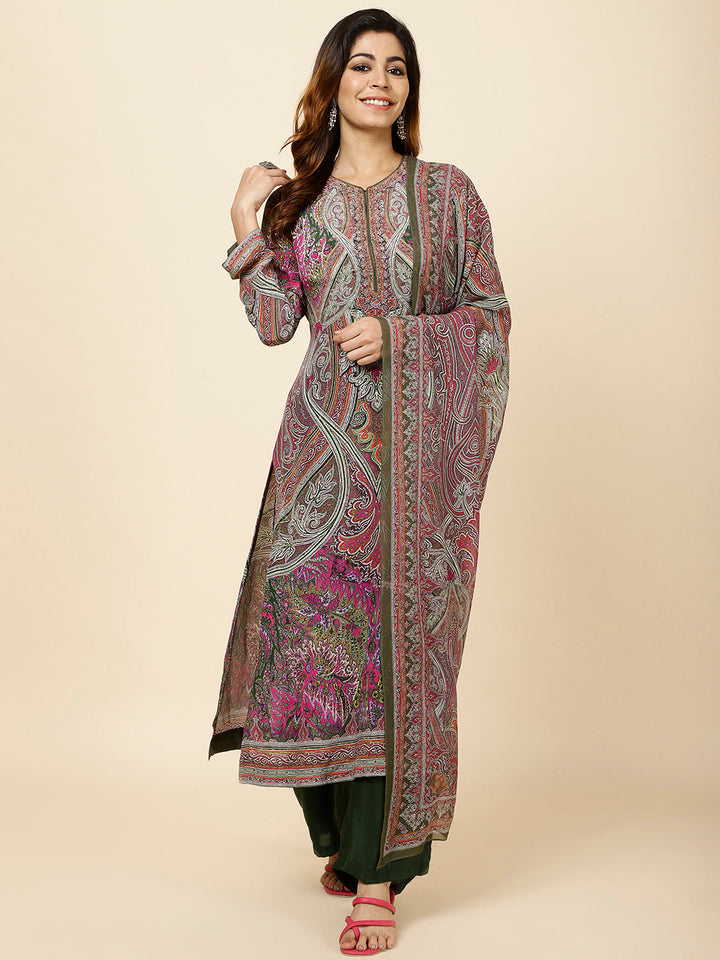 Digital Printed Crepe Kurta With Palazzo &amp; Dupatta