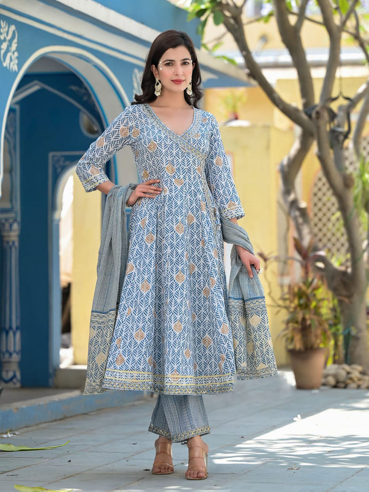 Printed Cotton Kurta With Pants &amp; Dupatta