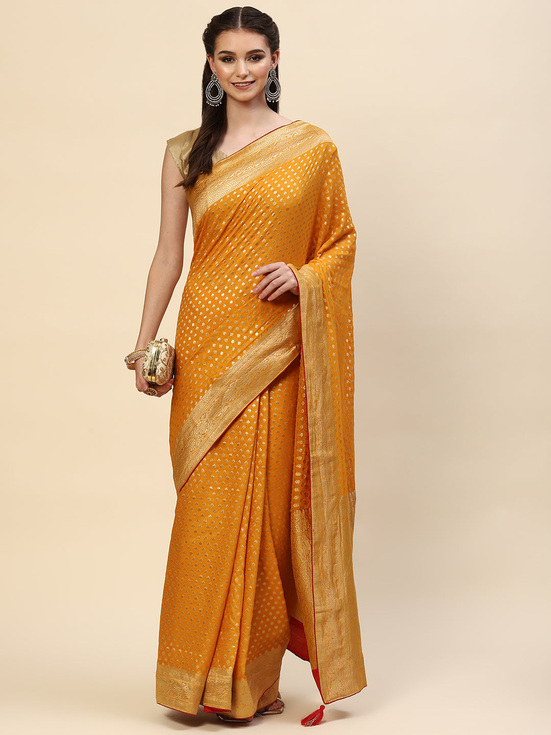 Zari Border Booti Georgette  Plain Saree