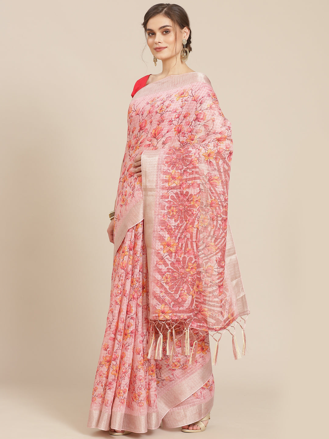 Digital Floral Printed With Zari Border Cotton Saree