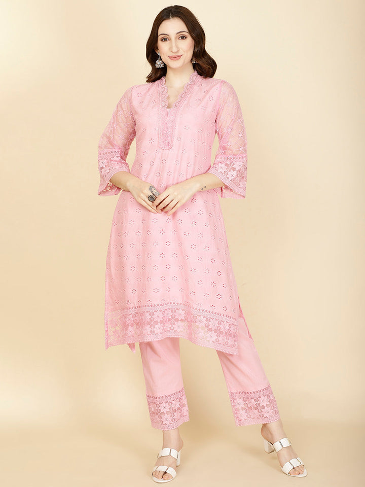 Thread Embroidery Cotton Kurta With Pants