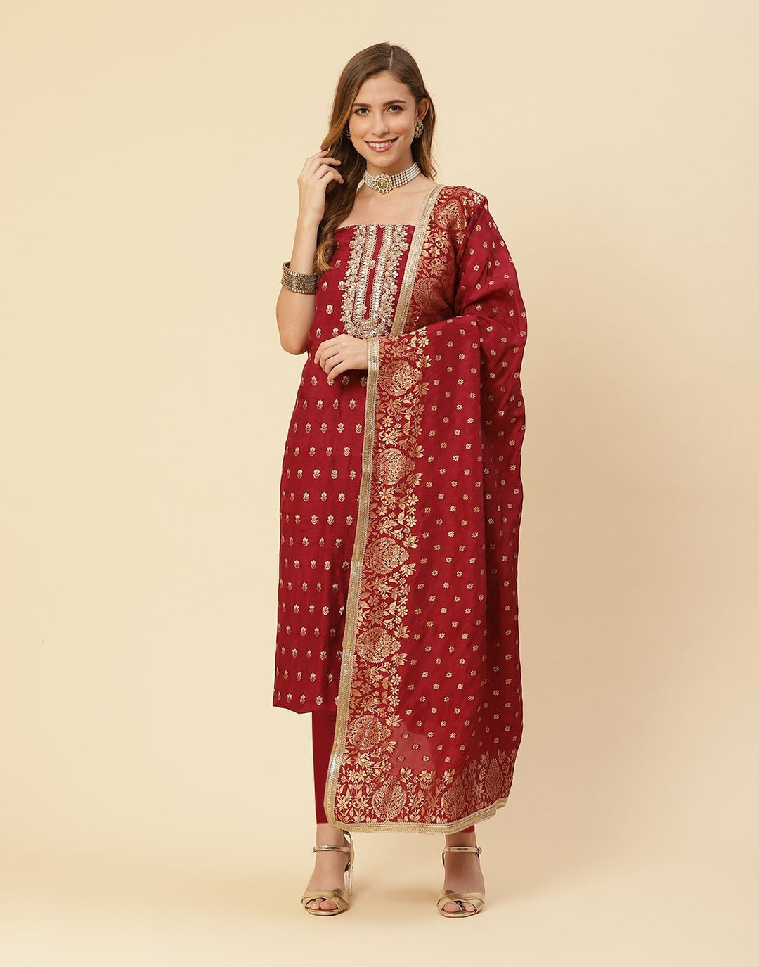 Embroidered Art Handloom Dupion Suit Piece With Banarasi Dupatta