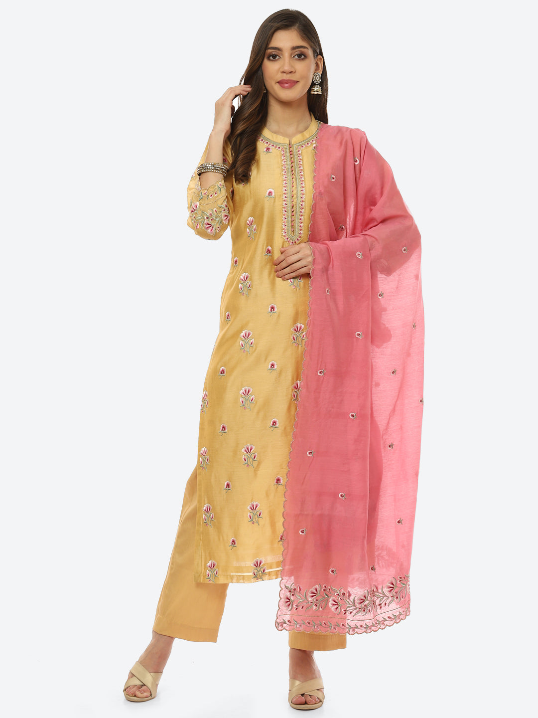 Resham Booti Cotton Kurta With Pant &amp; Dupatta