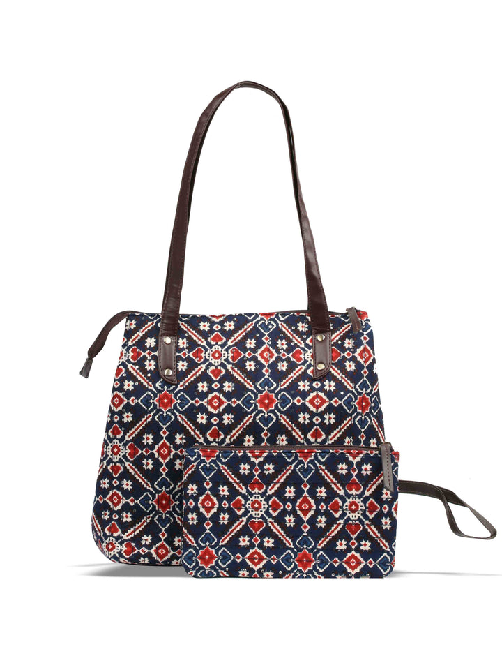 Navy Blue &amp; Maroon Printed Cotton Handbag With Pouch