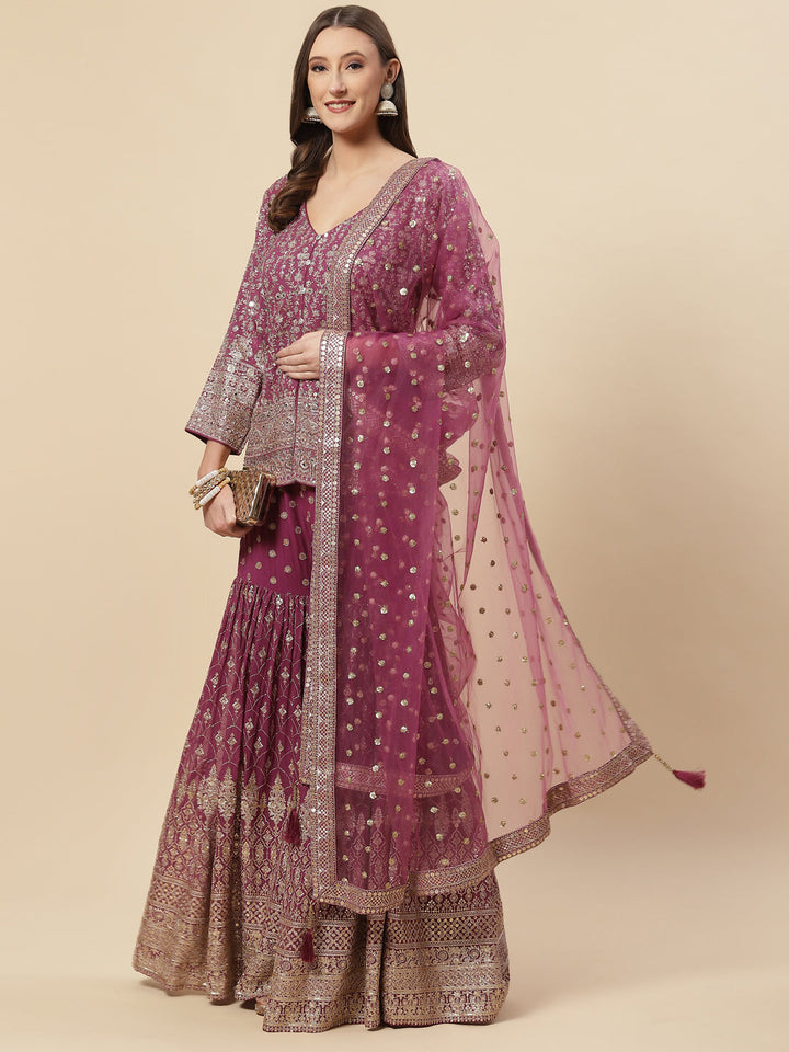 Sequin Resham Embroidered Georgette Crop Top With Jacket Garara &amp; Dupatta