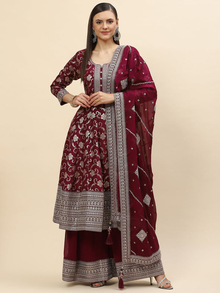 Resham Zari Embroidered Handloom Kurta With Palazzo &amp; Dupatta