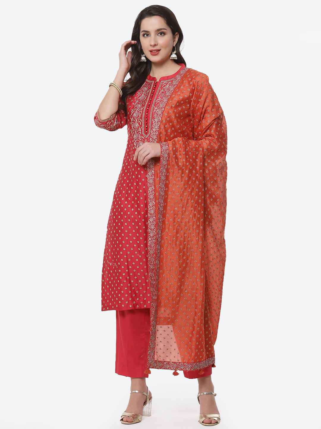 Embroidered Cotton Chanderi Stitched Salwar Kameez With Embroidered Dupatta