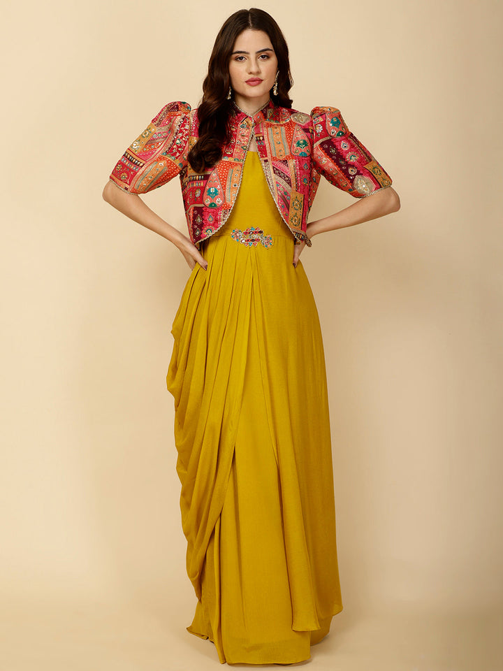 Plain Crepe Gown Dress With Jacket