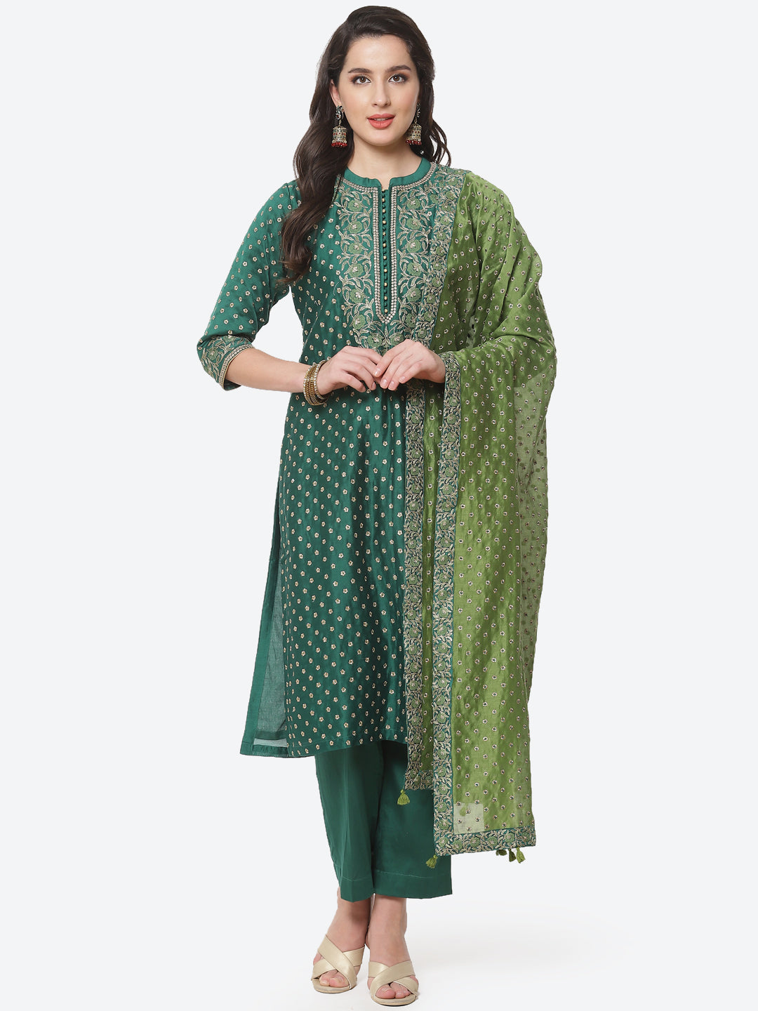 Embroidered Cotton Chanderi Stitched Salwar Kameez With Embroidered Dupatta