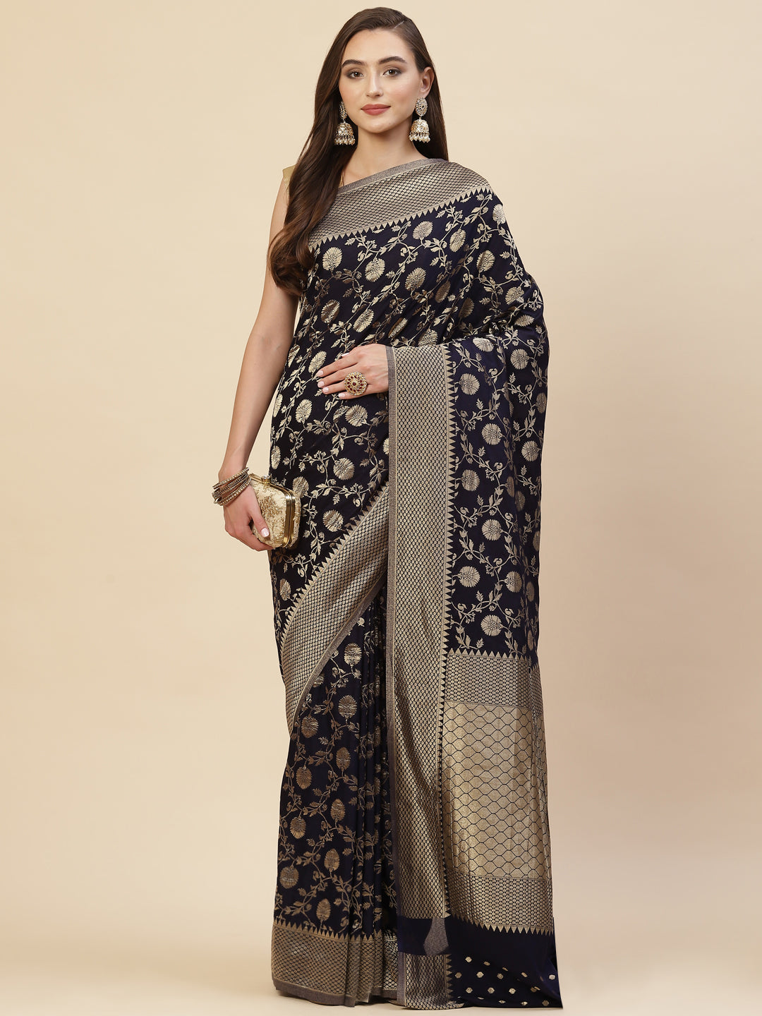 Floral Zari Border Booti Georgette Plain Saree