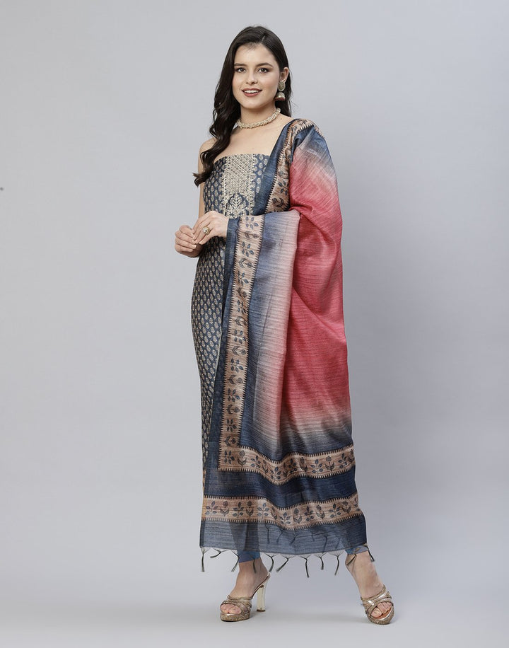 Printed Chanderi Suit Piece With Embroidered Yoke