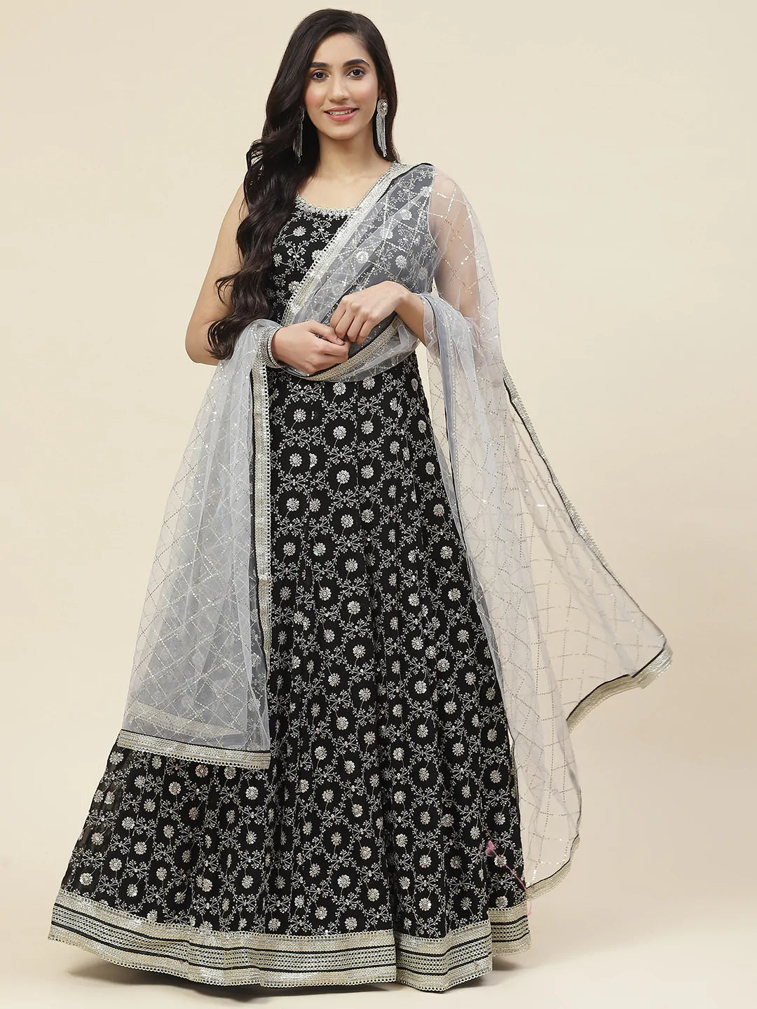Sequin Embroidered Georgette Kurta With Dupatta